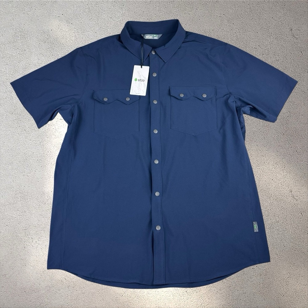 Stio Men's Shifter Shirt Short Sleeve Navy Blue Mountain Shadow Sz L NWT